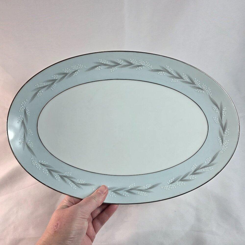 Noritake Sheldon Serving Platter 14 Inch White with Aqua Band and White Flowers